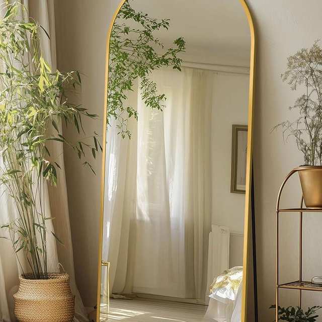Coomily Full Length Mirror with Stand, 58"x18" Arched Full Body Mirror, Large Stand Up Aluminum Frame Floor Freestanding Hanging Leaning Mounted for Bedroom Living Room Entryway Gold