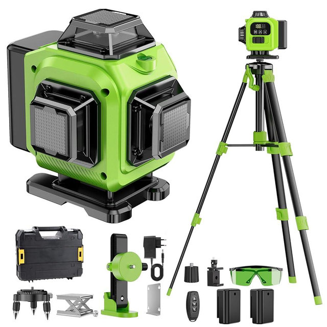 16 Line Laser Level 360 Self Leveling with tripod, 4x360°Professional 4D Green Cross Line laser Level with 2 Batteries & Remote Control, for Tiling Floor Construction and Picture Hanging