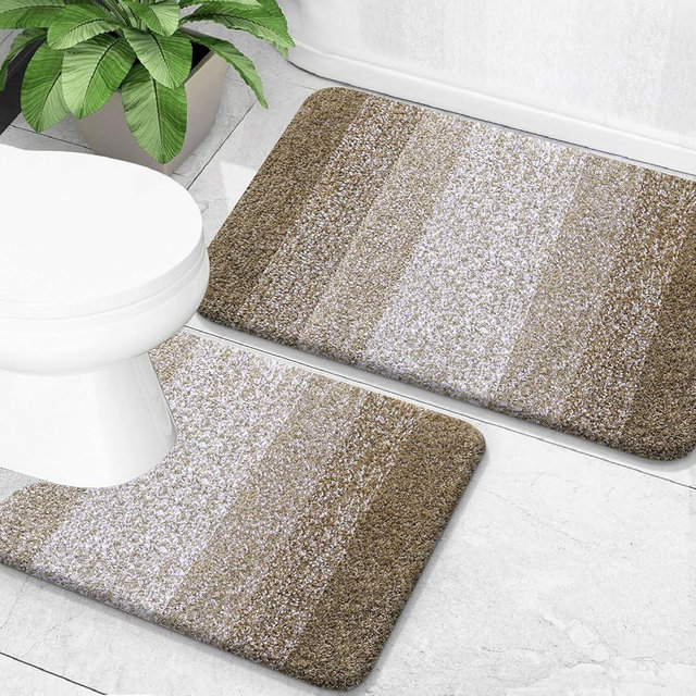 OLANLY Bathroom Rug Set 2 Piece, Soft Absorbent Microfiber Bath Mats and U-Shaped Contour Toilet Rug, Non-Slip, Machine Wash Dry, Plush Shaggy Bath Mats for Bathroom (30"x20"+24"x20", Coffe)