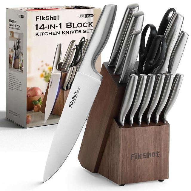 Kitchen Knife Sets with Block, FIKSHOT Knives Set for Kitchen - Razor-Sharp Santoku Knife, Fruit and Kitchen Sets - Dishwasher Safe and Rust Resistant for Homecooks (Silver + Walnut)