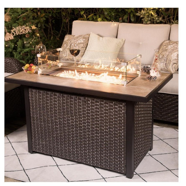 Nuu Garden Brown 43 in. 50000 BTU Rectangular Aluminum Propane Outdoor Fire Pit Table with Glass Wind Guard Lid Fire Glass Beads AF115C-G