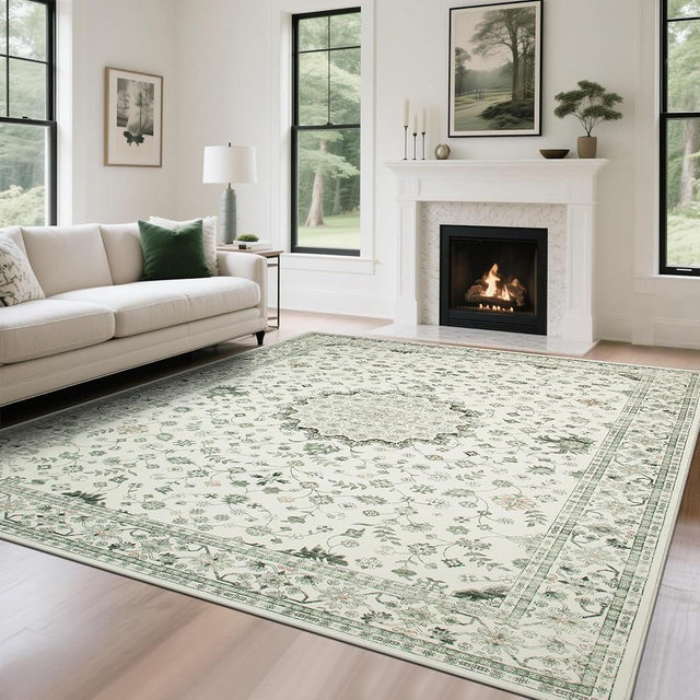 Srugn Washable Rugs 8x10 Area Rugs for Living Room,Rugs for Bedroom,Large Carpets,Ultra Soft Faux Wool Retro Dining Room Rug,Non Slip&Non-Shedding Low Pile Vintage Print Rug for Home Office-Green