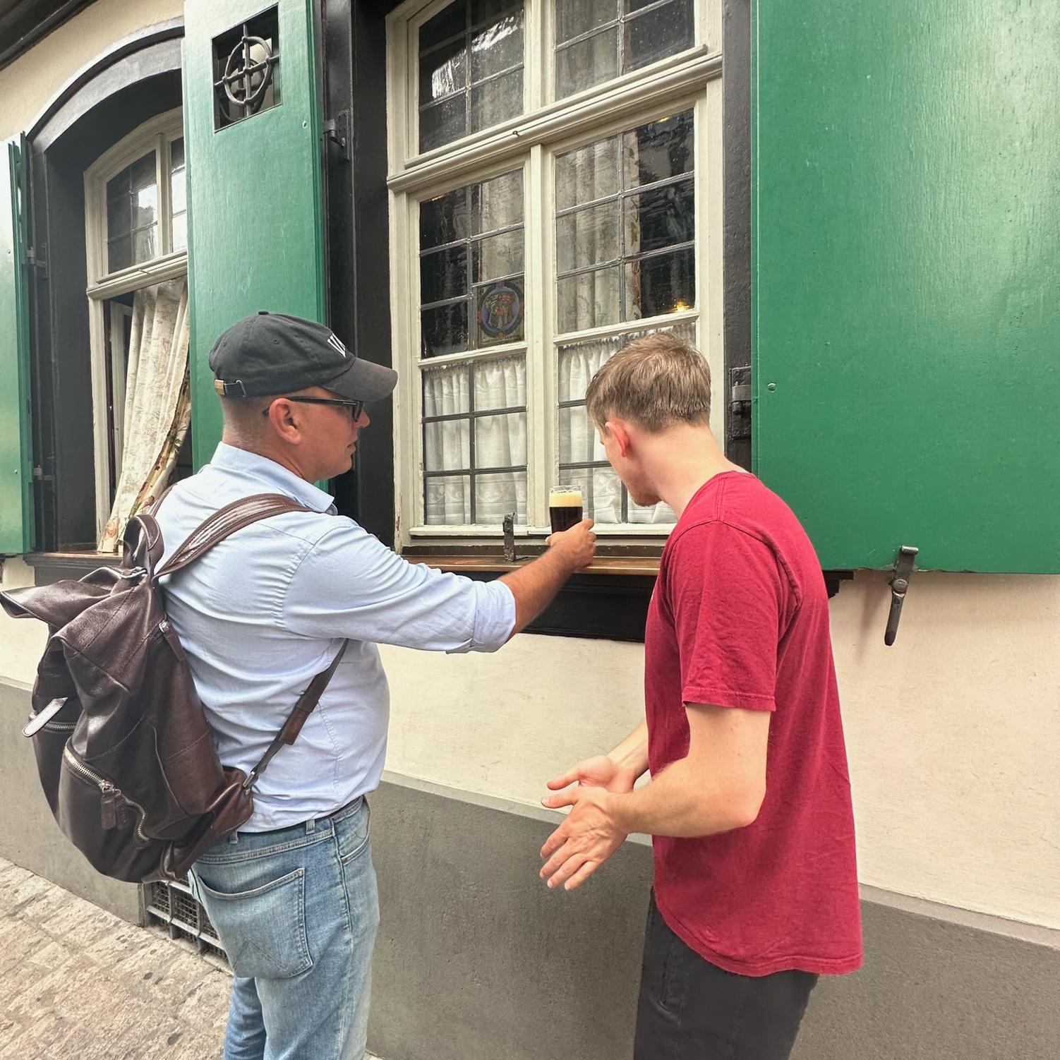 Luke and Holger (Marie's Dad) in Bamberg, Germany talking about smoky beers which is a Bamberg specialty.