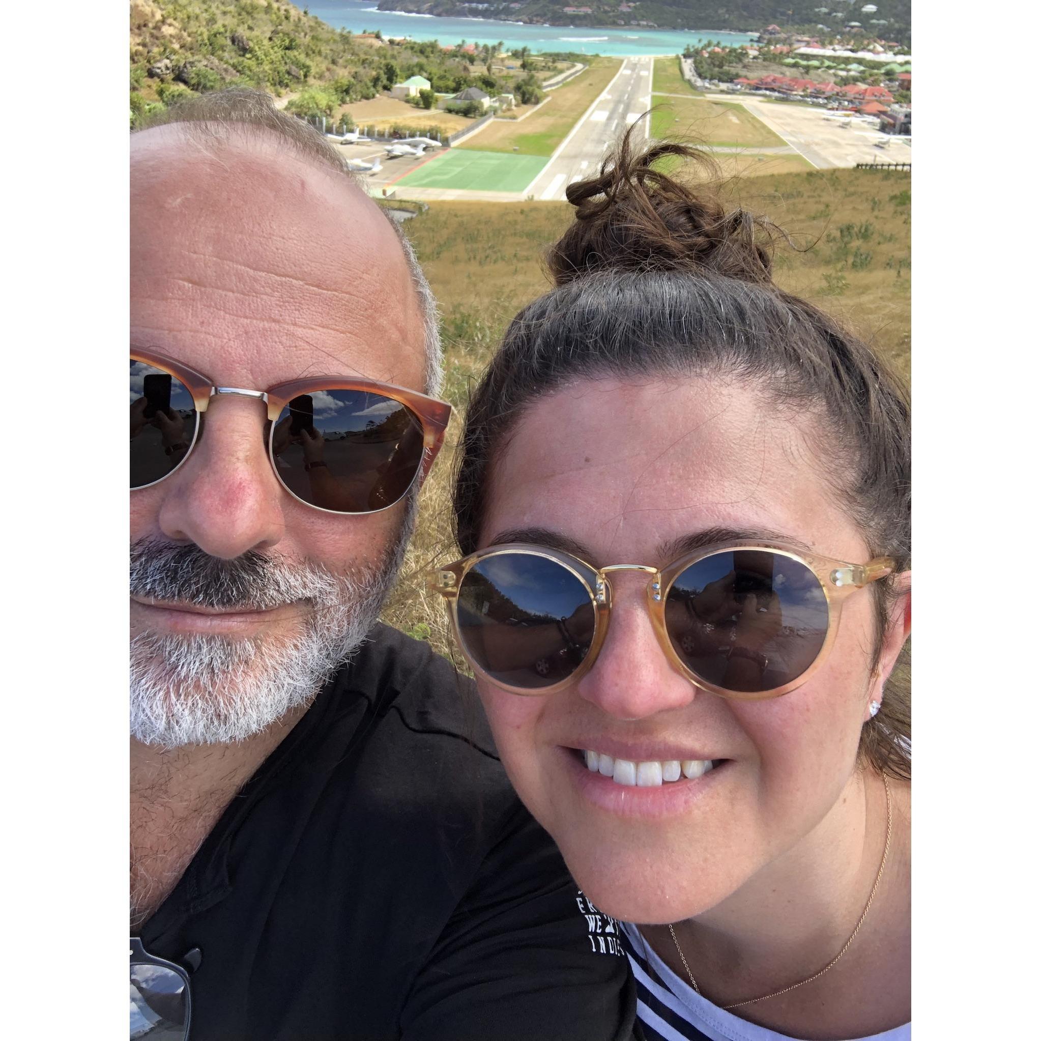 Trip to St. Barth's this year.  We disagreed as to whether this was the most terrifying airplane landing ever (but we still had a great time!)