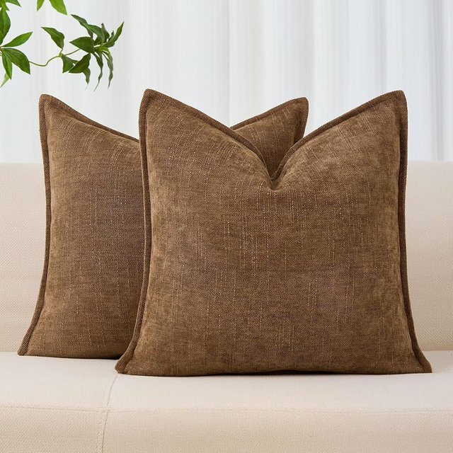 Allorry 24x24 Set of 2 Decorative Throw Pillow Covers Soft Cozy Light Brown Chenille Pillow Covers Neutral Textured Solid Cushion Covers for Modern Farmhouse Sofa Bedroom Living Room Decor SY014-C24