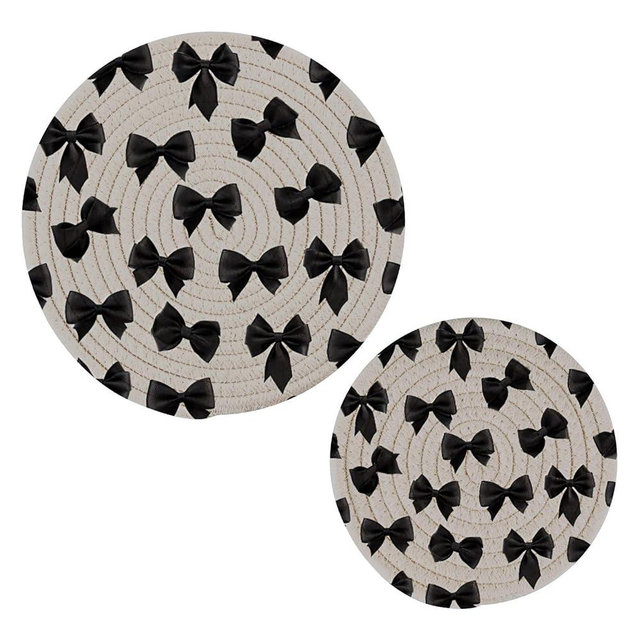 Msyxl Black Ribbon Bows Trivets for Hot Dishes, Hot Pots and Pans, Cotton Woven Pot Holders for Kitchen Countertops, Table, 2 Pcs Heat Resistant Hot Pads, 7"+9.5"