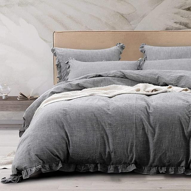 NTBAY 3 Pieces Ruffles Linen Duvet Cover Set, Breathable Solid Color Comforter Cover (Grey, Queen)