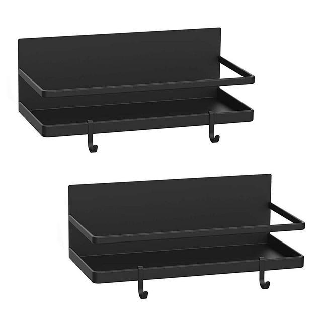 Magnetic Spice Rack, THIPOTEN Strong Magnetic Shelf with 2 Removable Hooks, Perfect Space Saver for Small Kitchen/Apartment, Awesome Metal Cabinet for Holding Spices, Jars, Bottle, Beve(Black, 2Pack)