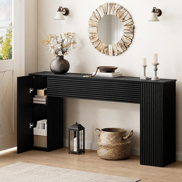 FABATO 61'' Fluted Long Console Table, Wooden Rectangular Sofa Table Behind The Couch, Narrow Entryway Table with 2 Hidden Storage Cabinets for Entrance, Hallway, Living Room, Foyer, Black