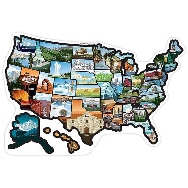 RV State Sticker Travel Map of The United States, Travel Trailer Camper Accessories, 19x13" Map RV Decals for Window Door Wall, 50 State Bumper Stickers with Scenic Illustrations - See Many Places