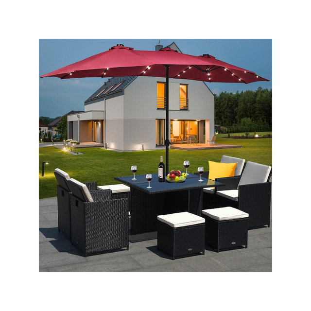 Costway 15Ft Patio Double-Sided Solar LED Market Umbrella Crank Base Burgundy