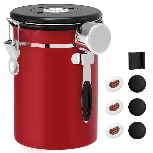 ShanSon Coffee Canister Airtight Coffee Container Stainless Steel Coffee Bean Storage Container with Scoop Coffee Canister for Beans Grounds Sugar Flour Tea Cereal,22OZ,Red