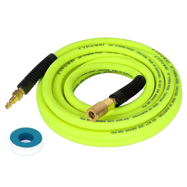 FYPower Air Compressor Hose 3/8 Inch x 25 Feet Hybrid Hose with Fittings, Flexible and Kink Resistant, 1/4" Industrial Quick Coupler and Plug Kit - Green