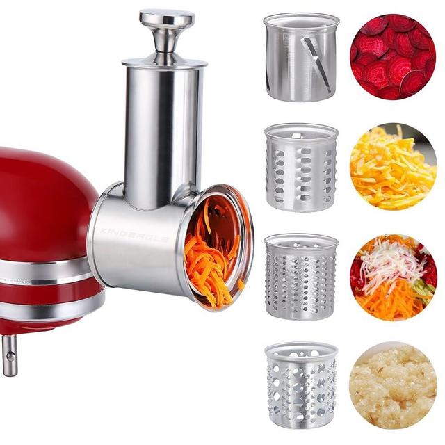 Large Stainless Steel Slicer Shredder Attachment for KitchenAid Mixers,Dishwasher Safe Vegetable Cheese Grater Accessories with 4 Cutting Blades by KINGEAGLE