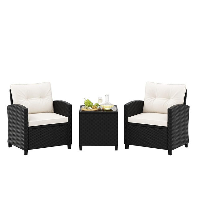 Tangkula 3 Piece Patio Furniture Set, Rattan Conversation Set w/Soft Seat & Back Cushions, Tempered Glass Topped Coffee Table, Cushioned Wicker Seating Set for Backyard, Porch, Poolside (Off White)