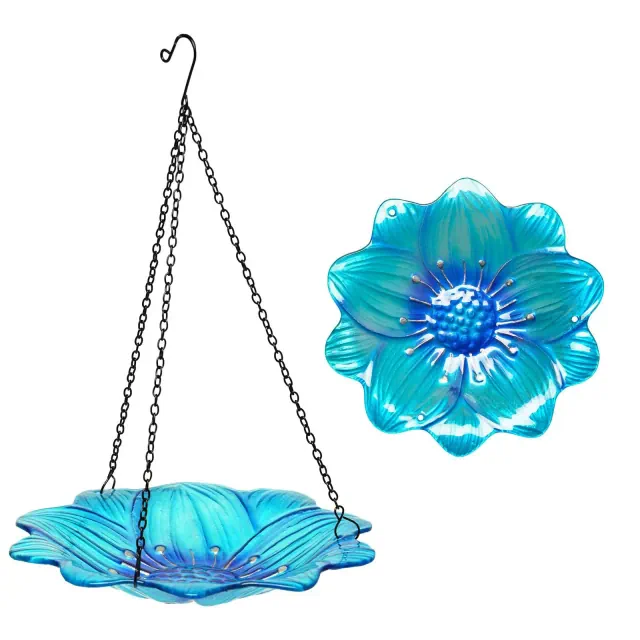 G128 Hanging Glass Bird Bath Outdoor Bird Feeder 10-inch for Garden Decoration Blue Flower Design