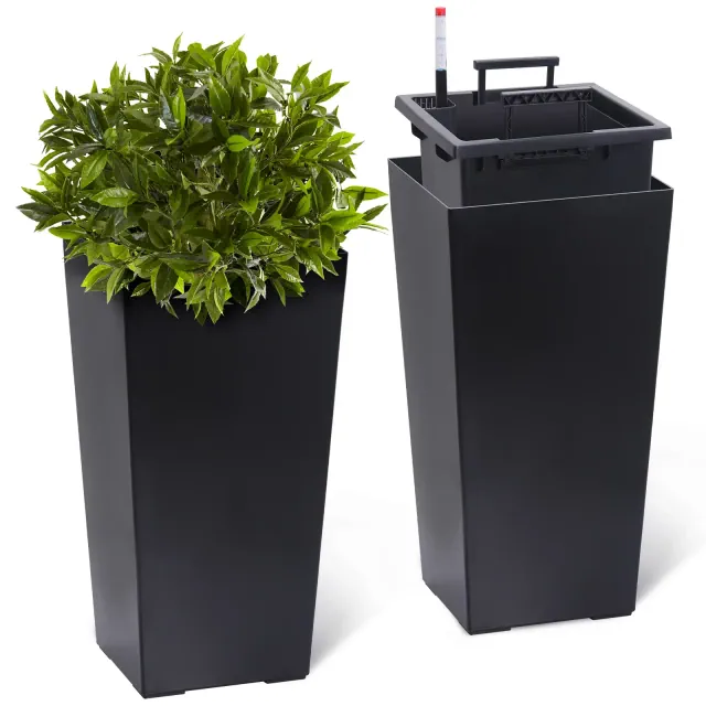 Garvee 23" Tall Planters Set of 2, Modern Plant Pots with Drainage Holes, Water Level Monitor, Inner Bucket, Automatic Watering, Black