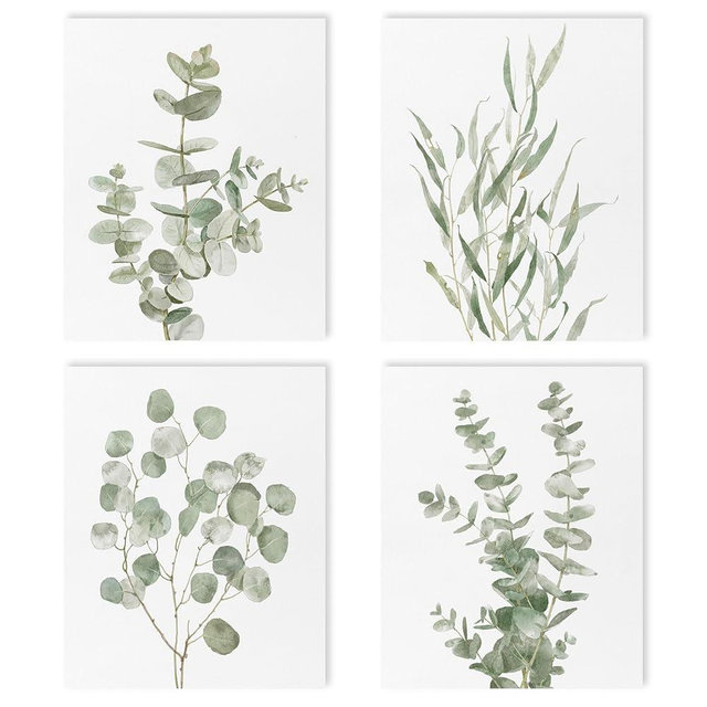 Botanical Bathroom Wall Art, Sage Green Boho Wall Decor, Eucalyptus Plants Framed Pictures For Kitchen,Living Room, Set of 4pcs Canvas Wall Art， 10"x12"