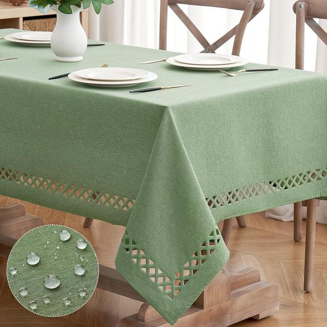MIULEE Sage Green Thick Polyester Linen Rectangle Tablecloth with Decorative Cutouts Waterproof Stain Resistant Table Cloth Boho Farmhouse Table Cover for Dining Party Camping Wedding, 52 x 70 inch