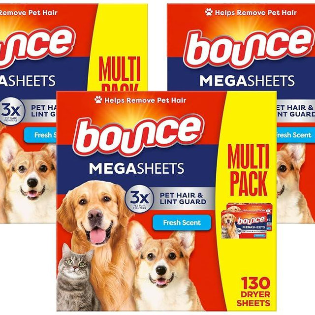 Bounce Pet Hair and Lint Guard Mega Dryer Sheets with 3X Pet Hair Fighters, Fresh Scent, 130 Count (Pack of 3)
