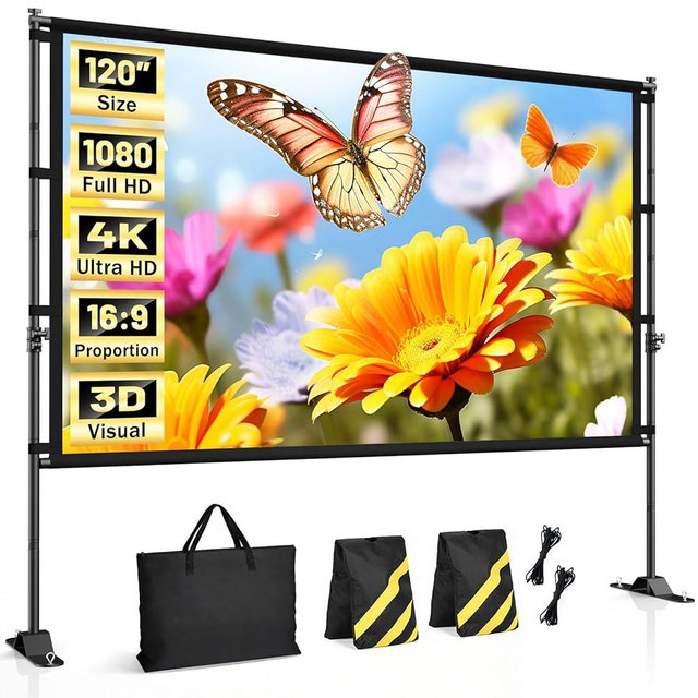 120 inch Outdoor Projector Screen with Stand, Portable Projector Screen Outdoor with Sand Bag, 16:9 4K HD Movie Screen with Carry Bag for Backyard, Camping, Theater