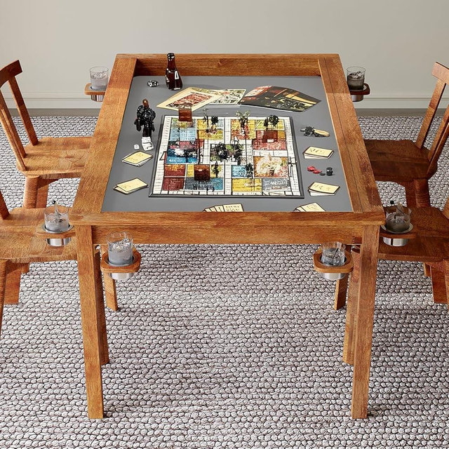 LYNSLIM Board Game Table, 65"x 39" Solid Wood Dining and Gaming Table with Removable Table Top, Seats 4 to 6 Players with 58in x 34in Play Area, Includes Play Mat, Detachable Cup Holders & Trays