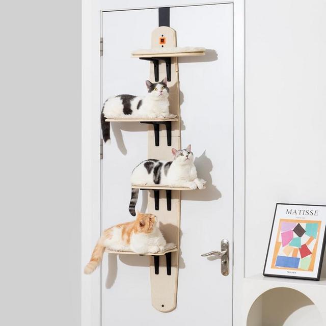 MEWOOFUN Cat Tree Door Mounted Cat Climber, Cat Shelves Cat Ladder with Removable Soft Mat, 4-Levels Over Door Cat Climber for Indoor Cats (Wooden-67.2" H X 23.4" L X 8.4”W)
