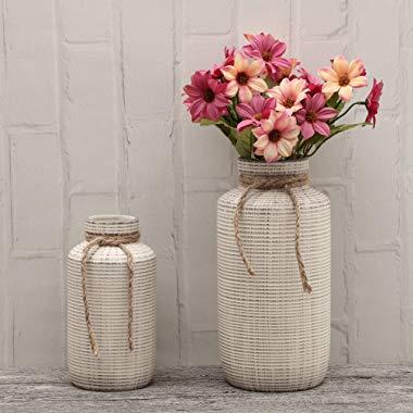 TERESA'S COLLECTIONS Ceramic Flower Vase, Set of 2 White Rustic Decorative Vase Set for Centerpieces,Kitchen,Office,Wedding or Living Room