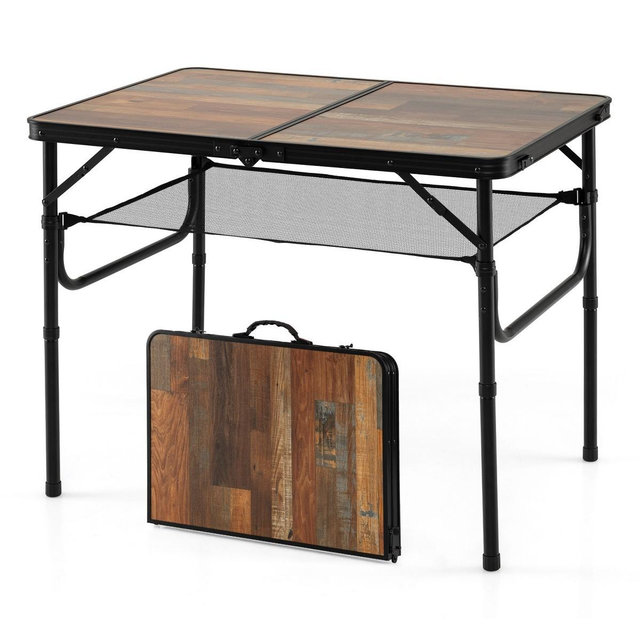 Gymax 3 FT Folding Camping Table w/Adjustable Heights Storage Net & Carry Handle