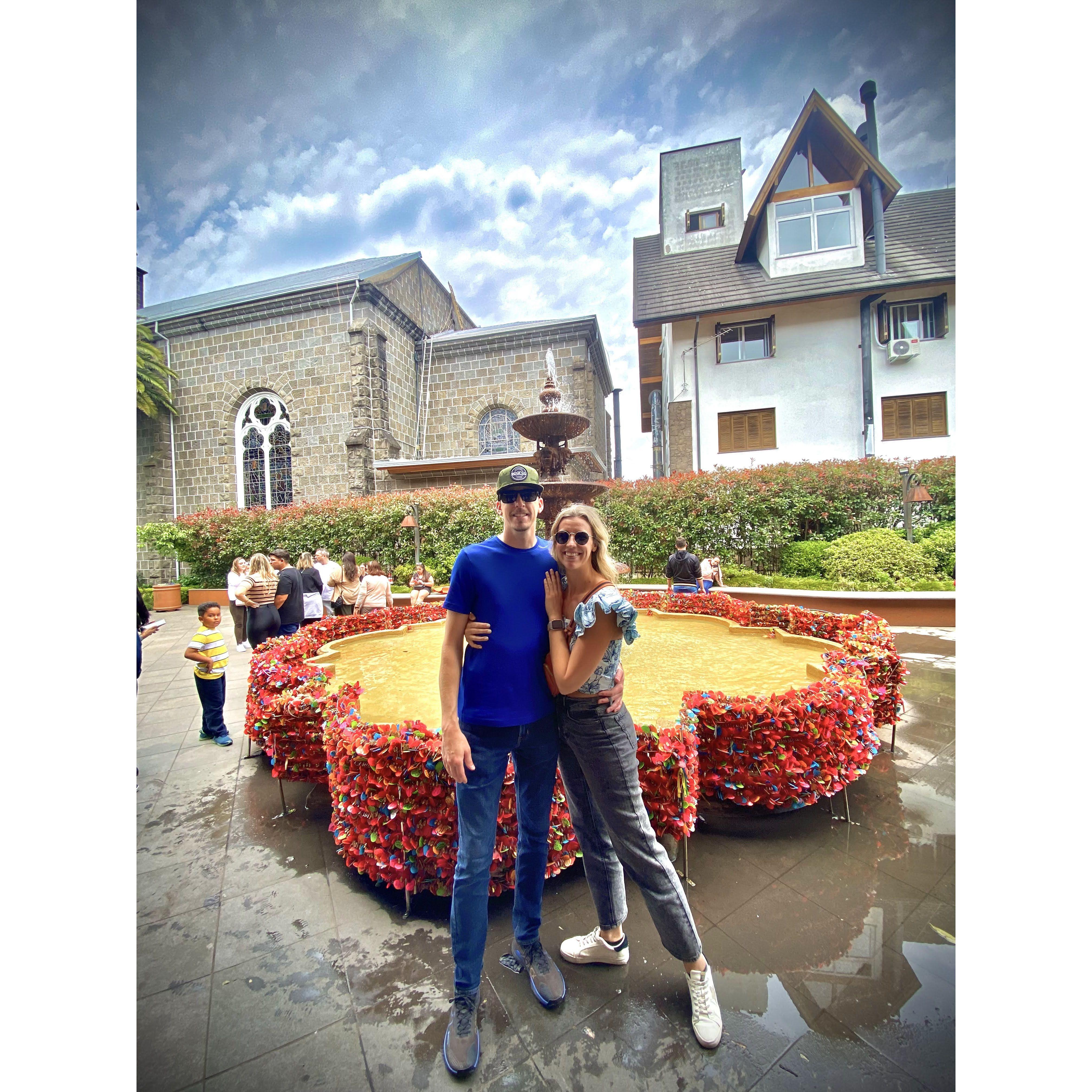 Locking our love on a fountain in Gramado, Brazil.