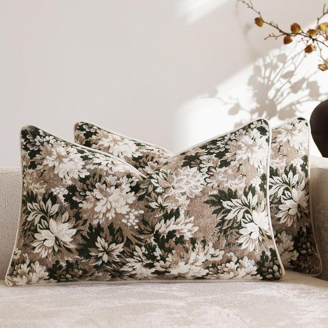 DEZENE Pack of 2 Vintage Floral Pillow Covers 12x20 Boho Farmhouse Accents Chenille Rectangular Lumbar Decorative Throw Pillow Cases for Living Room Couch Bed Home Decor, Olive Green Christmas
