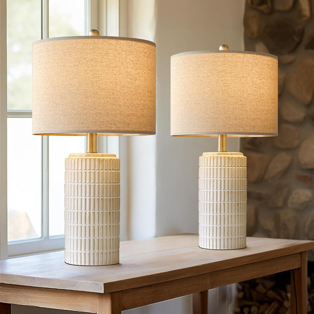 PORTRES 23'' Bedside Table Lamp for Nightstand Bedroom - Single Ceramic Lamp for Living Room, White Night Stand Light Lamp with Linen Shade, Modern Bedroom Lamp Beige White