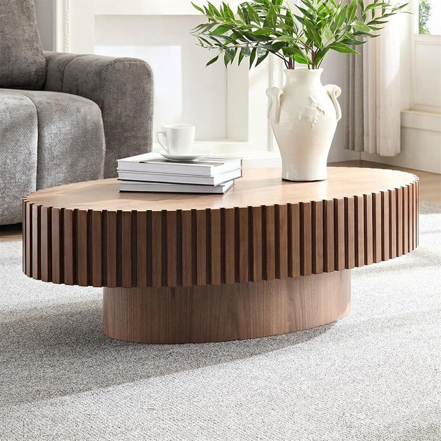 LKTART 43.7''Oval Drum Coffee Table Handcrafted Relief Sturdy Pedestal Wooden Olive-Shaped Tea Table for Living Room,Walnut