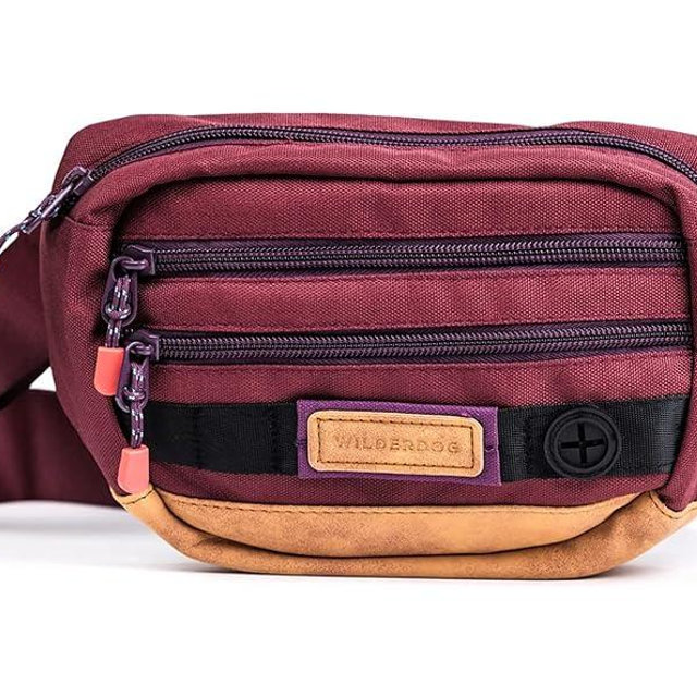 Wilderdog Utility Fanny Pack stores Treats, Balls, Keys in 3 Pockets with adjustable strap and Poop Bag dispenser (Huckleberry)