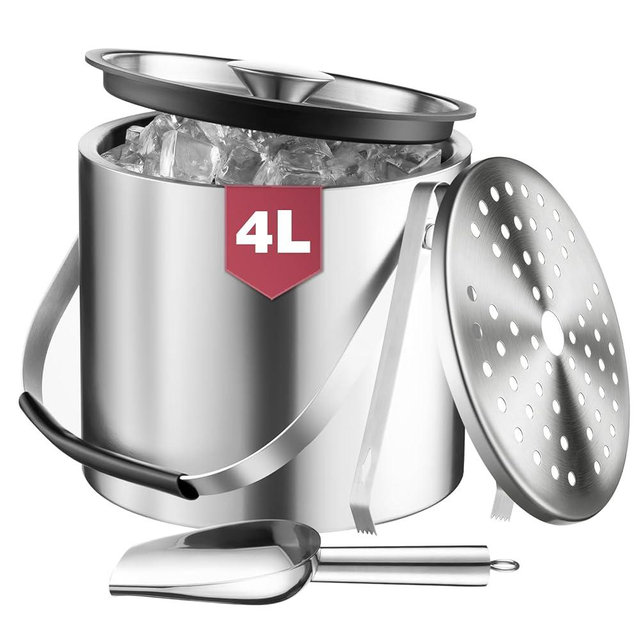 FrutPunch 4L Ice Bucket with Lid, Scoop, Tongs and Strainer, Double Wall Stainless Steel Ice Buckets for Parties, Cocktail Bar, Chilling Wine, Champagne, Large Outdoor Champagne Ice Container