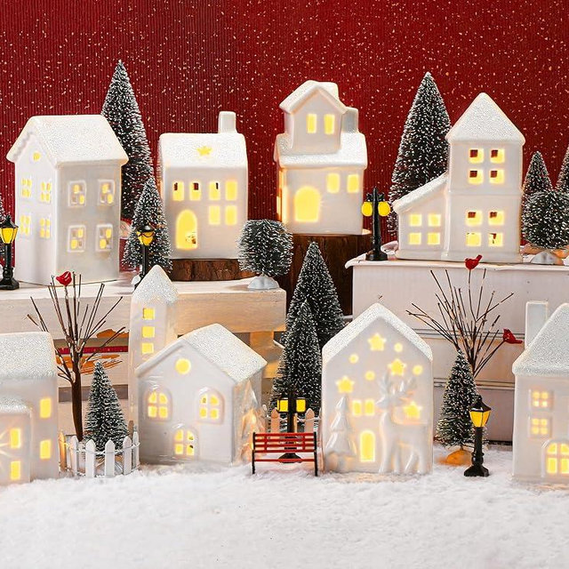 Fovths 42 Pieces Porcelain Christmas Village Set 9 Lighted LED Xmas Village Houses with 16 Xmas Trees, Withered Tree Lamp Fence Bench Winter Village Building Figurines for Holiday Tabletop Decor