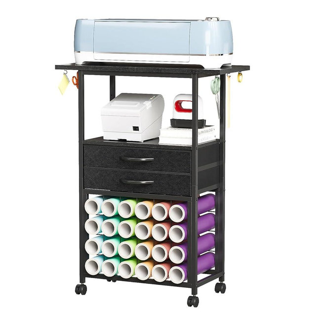 VENNQD Organizer and Storage Stand Compatible with Cricut Machines,Rolling Storage Cart/Shelf with 24 Vinyl Roll Holders，2 Fabric Drawer,Accessories Holder,Tool Hook for Craft Room Home (Black)