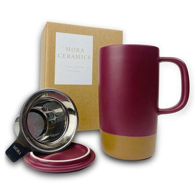 Mora Ceramics Large Tea Mug with Loose Leaf Infuser and Ceramic Lid, 18 oz, Portable, Microwave and Dishwasher Safe, Tall Coffee Cup - Rustic Matte Ceramic Glaze, Modern Herbal Tea Strainer, Merlot