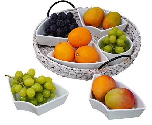 RANDEFURN Ceramic Serving Trays,Portable Handle Cattail Serving Platter with 6 Removable Dishes, Food Tray 15.5 x 15.5 Inches,Perfect for or Chips and Dip,Whitewash