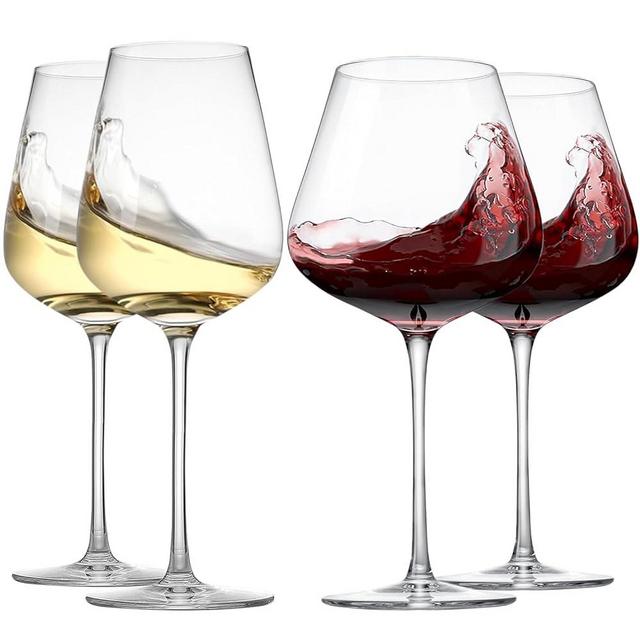 Physkoa Red and White Wine Glasses Set of 4, (22oz,14oz) Hand Blown Crystal Glasses - Large Burgundy Glasses- Wedding Housewarming Christmas Mother's Day Gifts