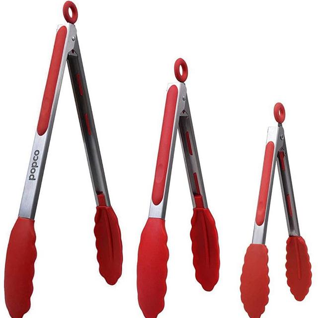 The Original Popco Tongs, Set of 3-7,9,12 inches, Heavy Duty, Stainless Steel Bbq and Kitchen Tongs with Silicone Tips (Can Also Be Used as Ice Tongs and Sugar Tongs) (Red)
