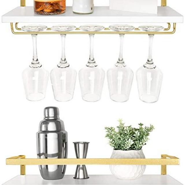 Mkono Wall Mounted Wine Rack Set of 2 White Wood Wine Bottle Glass Holder Floating Shelves with Stemware Hanger Modern Plants Photos Wine Display Storage Holder for Kitchen Dining Room Bar, 17 Inch