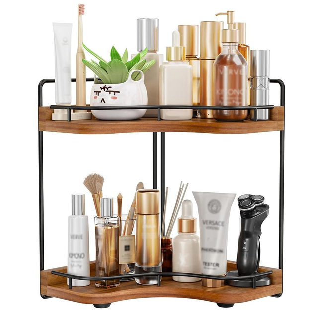 2-Tier Corner Bathroom Counter Organizer with Embedded Screw Holes, Secure & Stable Wood Vanity Shelf for Makeup and Skincare Essentials - Space Saving Bathroom Countertop Storage(Acacia wood-Brown)