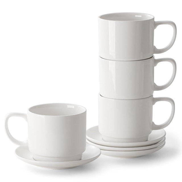 DOWAN 12oz Coffee Mugs, Cappuccino Cup and Saucer Set of 4, White Ceramic Coffee Cups for Latte/Tea/Milk, Tea Cups for Use in Office, Home and Cafes, Microwave Safe
