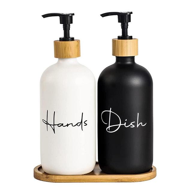 17 oz Hand Soap Dispenser Empty Glass Lotion Pump Bottles, Refillable Liquid Dish Soap Bottles for Bathroom, Kitchen Sink, Black + White, 2 Pack