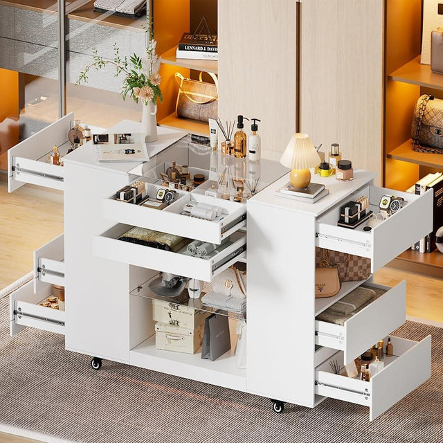 PAKASEPT Wardrobe Armoire Bedroom Island, Closet Island with Drawers, Vanity Storage Island with Glass Tabletop and LED Light, Island Dresser for Dressing Room and Bedroom