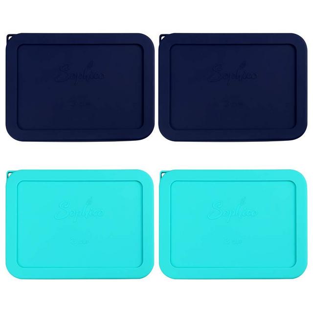 Sophico 3 Cup Rectangle Silicone Storage Cover Lids Replacement for Pyrex 7210-PC Glass Bowls, Container not Included (NAVY BLUE - MINT, 4 Pack)