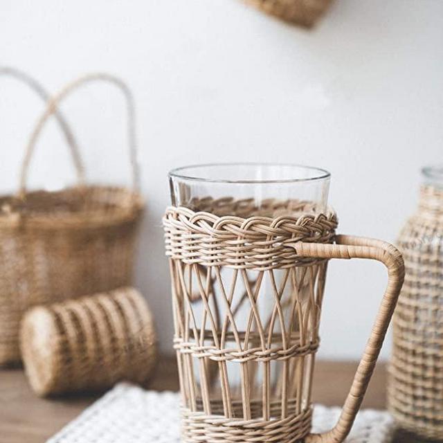 RISEON Vintage Rustic Hand-Woven Bamboo Rattan Cup Holder Coasters Drink Holder Stand Clear Glass Cup Holder with Handle for Coffee Tea Boho Home Decor Gift (Glass Cup Included)