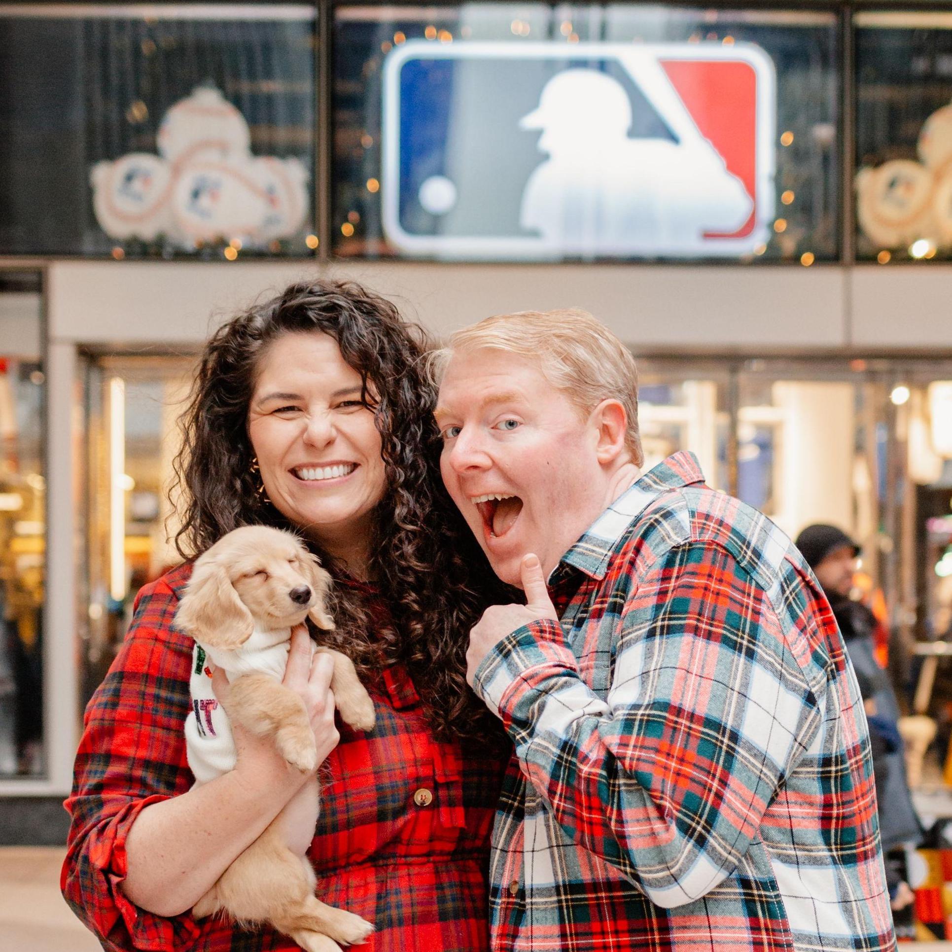 Christmas photos outside the MLB store.