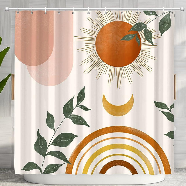Ghroiep Mid Century Abstract Boho Orange Aesthetic Shower Curtain Set, Green Nature Leaf Sun Modern Minimalist Home Bathroom Curtain Decor with 12 Hooks 72 x 72inches